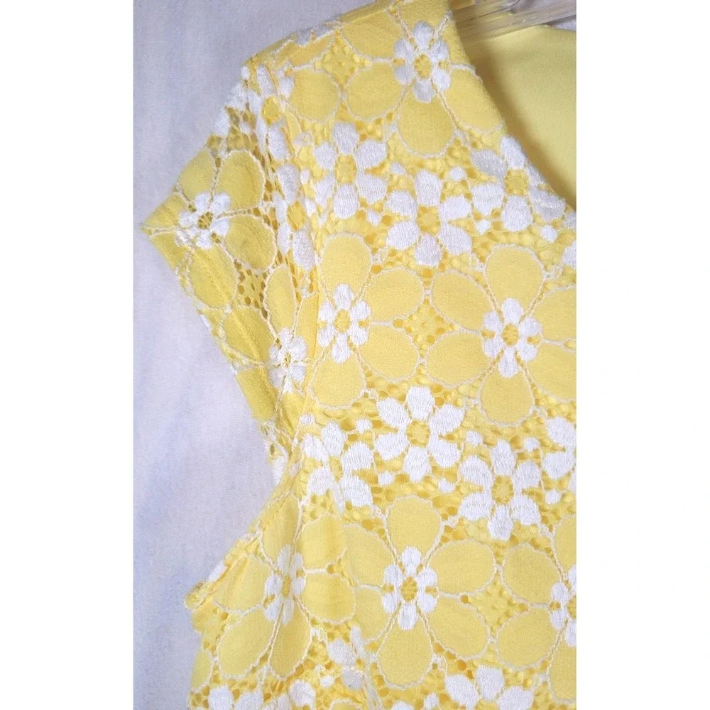 Madison Leigh Womens‎ 10 Classic Yellow Floral Lace Sheath Midi Cap Sleeve Dress
